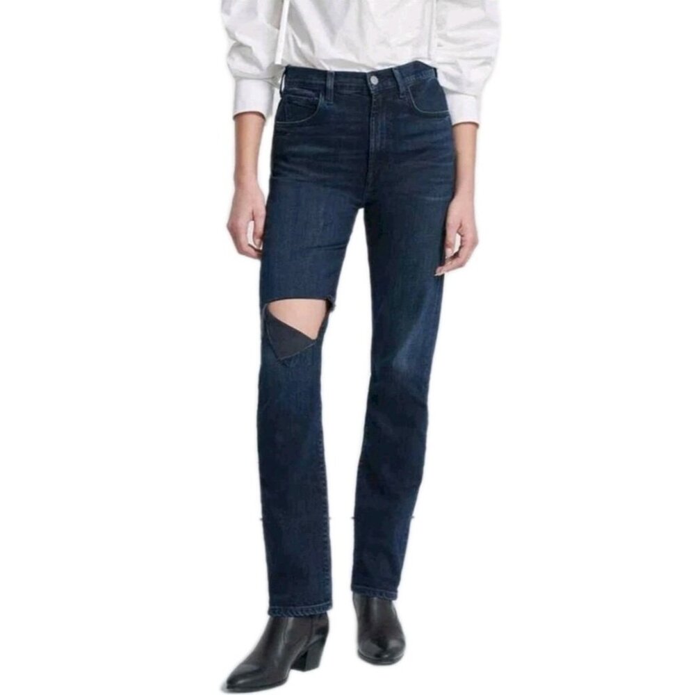 7 For All Mankind Easy Slim Jeans Women 24 Dark Blue Wash Ripped Knee Denim